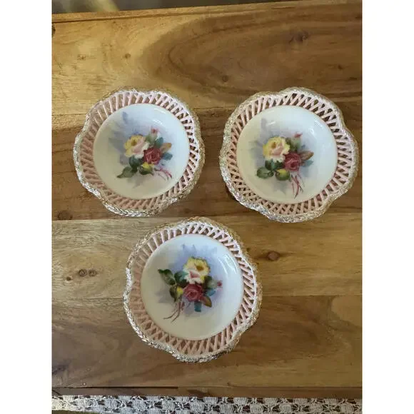 Set of 3 Vintage Bavarian Reticulated Porcelain Dishes Mid-Century Trinket Bowls - Picture 2 of 10